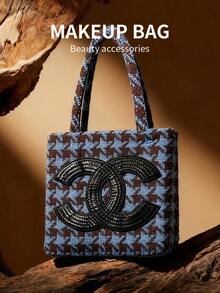 CHANEL Fashionable Tweed Soft Wool Sequin Decor Handbag, Knitted Design, Women's Handbag - Fashion Accessory, Perfect For Women's Casual Chic Outfits