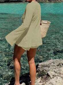 VIVINA 大码女装春夏时尚休闲度假两件套，纹理面料系带喇叭袖开衫上衣搭配直筒短裤，适合海滩度假和居家穿着，优雅时尚。 - 綠色 - 查看 4