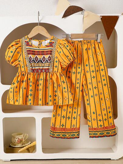 Young Girls' Geometric Print Set - Bright Yellow Puff Sleeve Top With Golden Trim + Wide Leg Pants, Children's Vintage Embroidered 2 Pieces Outfit