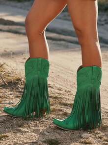 Vintage Fringe Tassel Western Cowgirl Boots For Women Pointed Toe Block Chunky Heels Slip-On Comfy Festival Riding Retro Mid Calf Cowboy Boots Woman - 綠色 - 查看 3