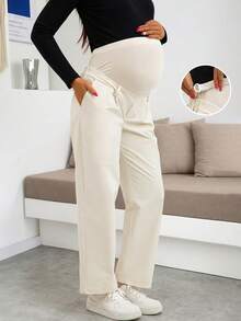 Maternity Casual Solid Color Adjustable Waist Straight Leg Pants Spring - Apricot - View 11
