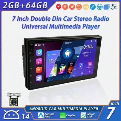 7 Inch 2 Din 2+64G Android 14 Car Radio With Wireless CarPlay & Android Auto, FM Radio, Steering Wheel Control, Multi-Language Audio System Head Unit