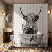 Funny & Cute Highland Cow Pattern Shower Curtain, Creative & Personalized Bathroom Curtain, Waterproof & Mildew-Proof Thick Polyester Material, Wet & Dry Separation Bathroom Divider Curtain, Viral Shower Curtain - Gray - View 8