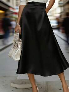 女士纯色高腰优雅OL风中长裙 春季黑色 - 黑色 - 查看 5