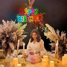 1个生日快乐LED霓虹灯，节日墙面装饰，带调光开关的霓虹灯，家庭派对宿舍墙面装饰，USB供电，适用于生日派对主题
