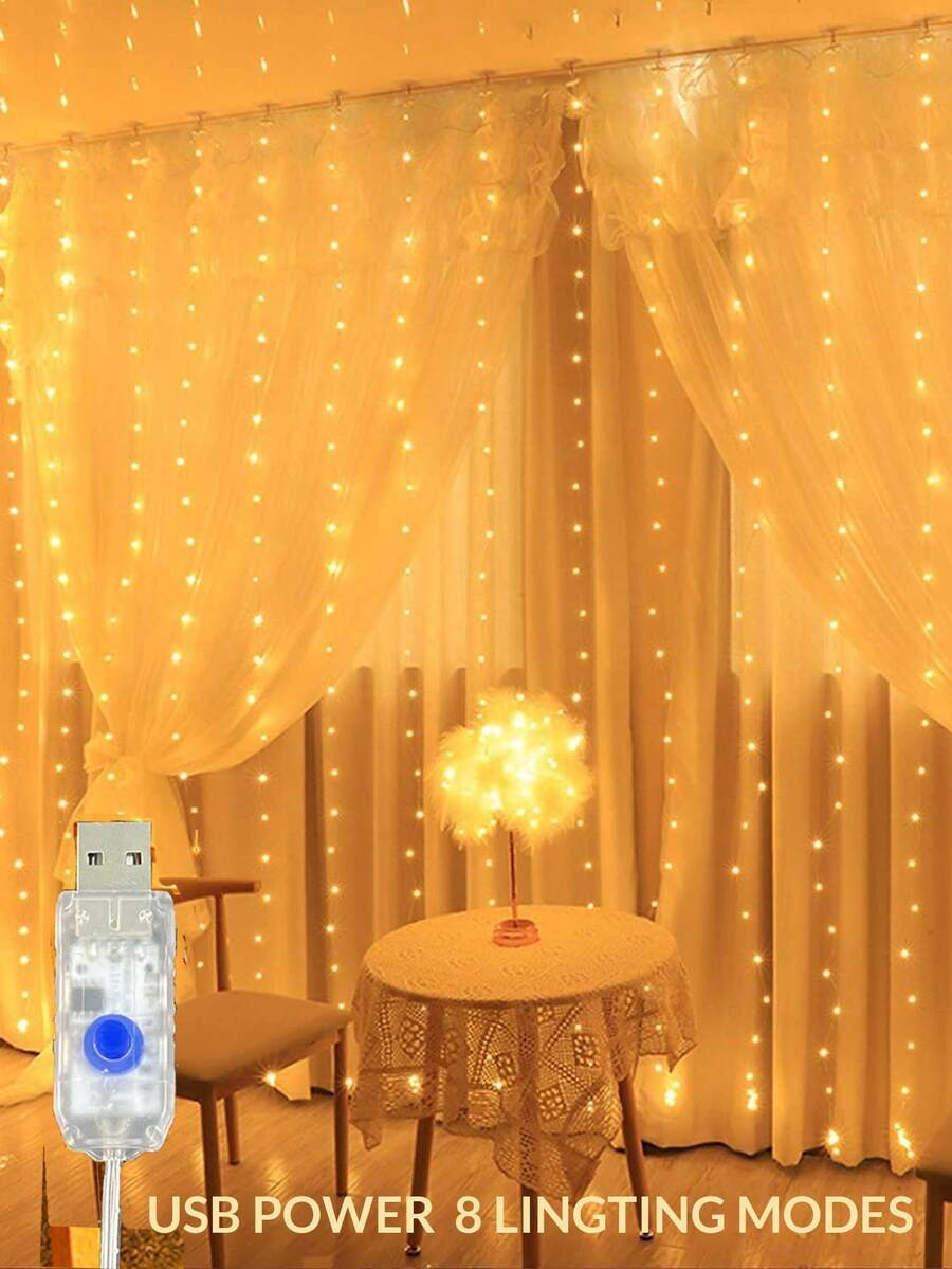 1 unidade de luzes de cortina de LED com fio de cobre, 3 metros, 8 modos de iluminação (100/200/300 LEDs), alimentação USB, ideal para decoração de janelas, paredes de quartos, festas, casamentos, pedidos de casamento, jardins e áreas externas.