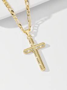 1件欧美经典铜镶嵌锆石十字架吊坠项链，限量版“守护之光”，适合作为圣诞节/感恩节/万圣节/母亲节/情人节礼物送给情侣/朋友/教父母，也适合天主教初领圣体、日常及节日佩戴祈祷。 - 金黃色 - 查看 5