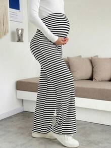Maternity High Waist Gray & White Striped Elastic Knit Wide Leg Pants, High Waist Belly Support Design, Comfortable & Breathable, Suitable For Casual & Work Wear Spring - Grey - View 5