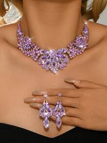 3件套女士时尚首饰 - 耳环+项链，波西米亚风蓝色水钻闪亮高端时尚首饰套装，派对/礼物