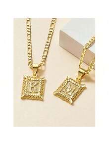 Initial Necklace Square Letter Pendant Necklace Capital Monogram Necklace Alhpabets From A-Z Figaro Chain Necklace - Multicolor - View 1