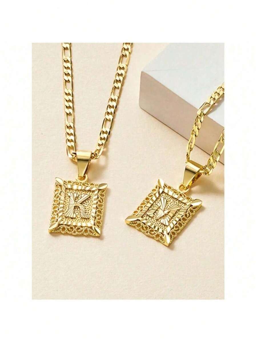 Initial Necklace Square Letter Pendant Necklace Capital Monogram Necklace Alhpabets From A-Z Figaro Chain Necklace - Multicolor - View 1