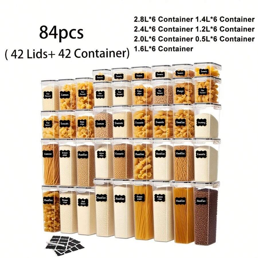 12/24/48/84pcs Air-Tight Crisper With Lid, Label And Marker, Plastic Kitchen Pantry Storage Container For Sugar, Flour And Baking Supplies, Kitchen Supplies, To Keep Food Fresh And Organized(6/12/24/84Jars +6/12/24/84 LIDS) - 84件(42個罐子+42個蓋子) - 查看 1