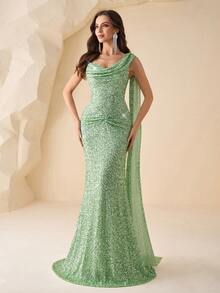 Elisanya Rückenfreies romantisches glamouröses Kleid mit Pailletten, sexy schlanke Passform Abendkleid für formelle Anlässe, Cocktailparty, Gastgeberin - Minzgrün - Übersicht 6