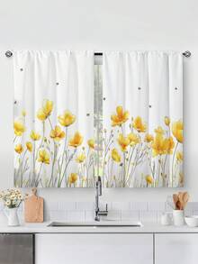 2pcs Yellow Flowers Print Kitchen Window Curtain,Without Holes Curtain,Refer To Bedroom Office Kitchen Living Room Study Home Decor - Multicolor - View 1