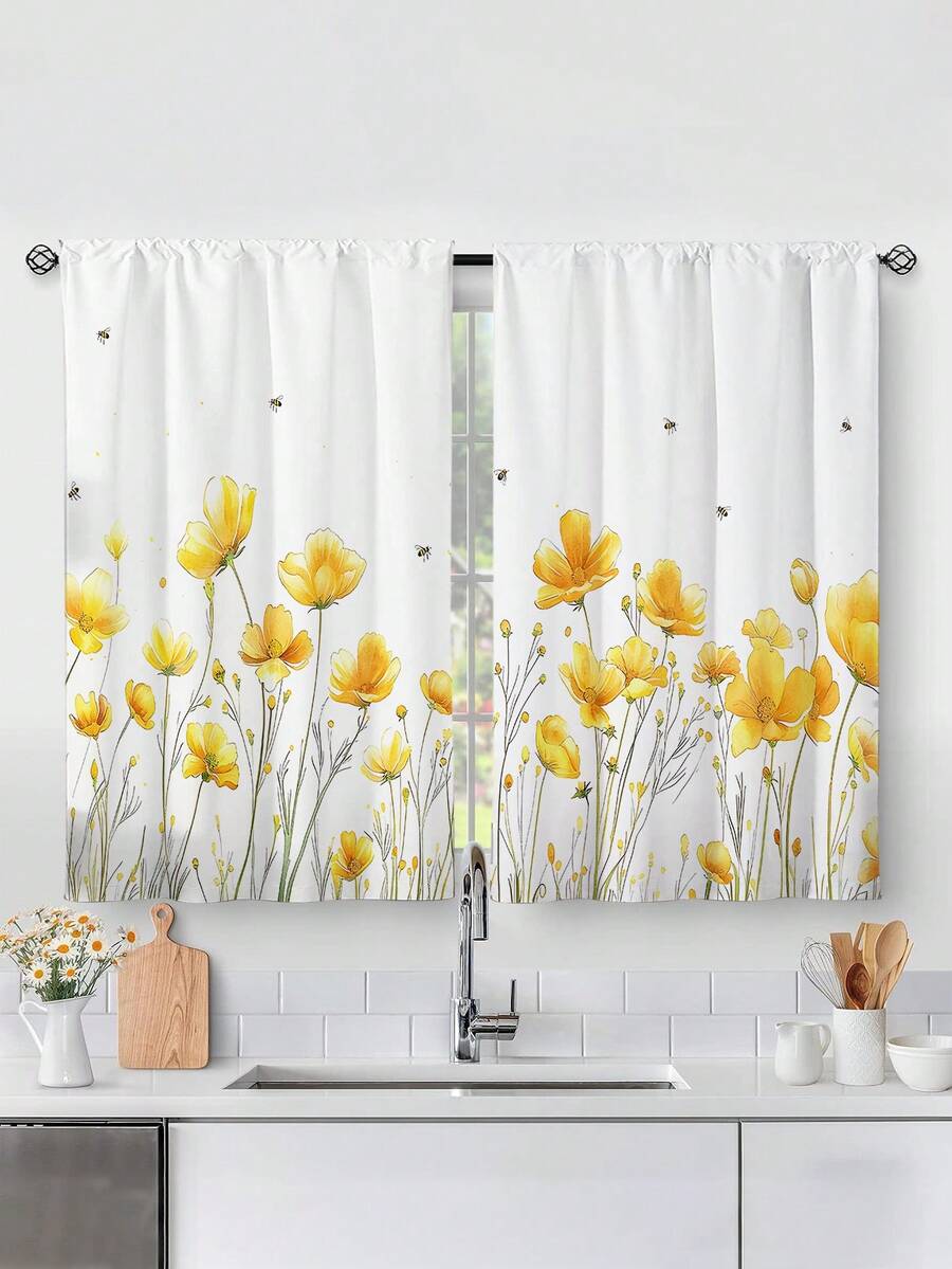2pcs Yellow Flowers Print Kitchen Window Curtain,Without Holes Curtain,Refer To Bedroom Office Kitchen Living Room Study Home Decor - Multicolor - View 1