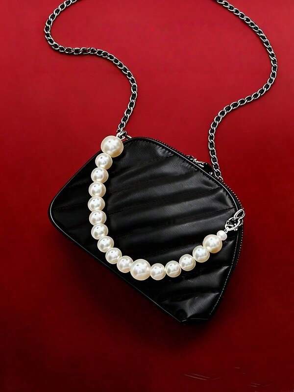 Yves Saint Laurent Bolso de concha negra para mujer, transformación hecha a mano, diseño único con cadena de perlas en patchwork, bolso de axila, bolso de hombro/cruzado vintage de alta gama, adecuado para fiestas y uso diario