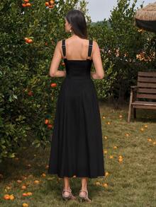 PARTHEA 优雅女士长款A字连衣裙，V领设计，露背褶皱胸衣，喇叭形下摆，无弹力面料，休闲风格 - 黑色 - 查看 2