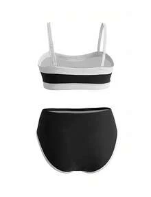 Plus Size Women's Two Pieces Summer Beach Holiday Black And White Color Blocked Suspender Triangle Cup Sexy Elegant Bikini, Suitable For Vacation, Party, Beach Date, Valentine's Day Casual Strapless Swimsuit Set - Black and White - View 3