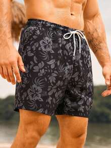 Manfinity Swimmode Floral Print Casual Beach Shorts Men, Black Swim Trunks, Black Hawaiian Floral Print Swim Shorts Men - Gris - 查看 6