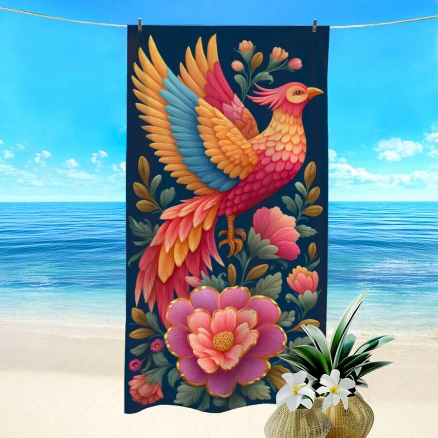 1条植物、花卉和凤凰印花沙滩巾，超强吸水速干，适合游泳，柔软轻便，是沙滩、游泳、户外活动和旅行的理想之选。 - 彩色 - 查看 1