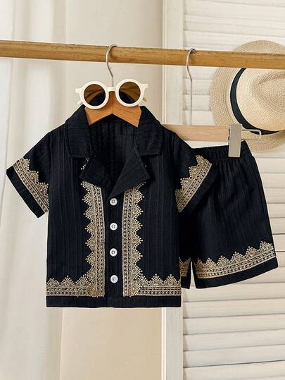 2pcs/Set Baby Boys' Summer Eid Mubarak Outfit - Black Collar Short Sleeve Shirt (Gold Trim + Buttons) + Matching Shorts, Soft & Skin-Friendly, Casual/Outdoor Holiday/Gift