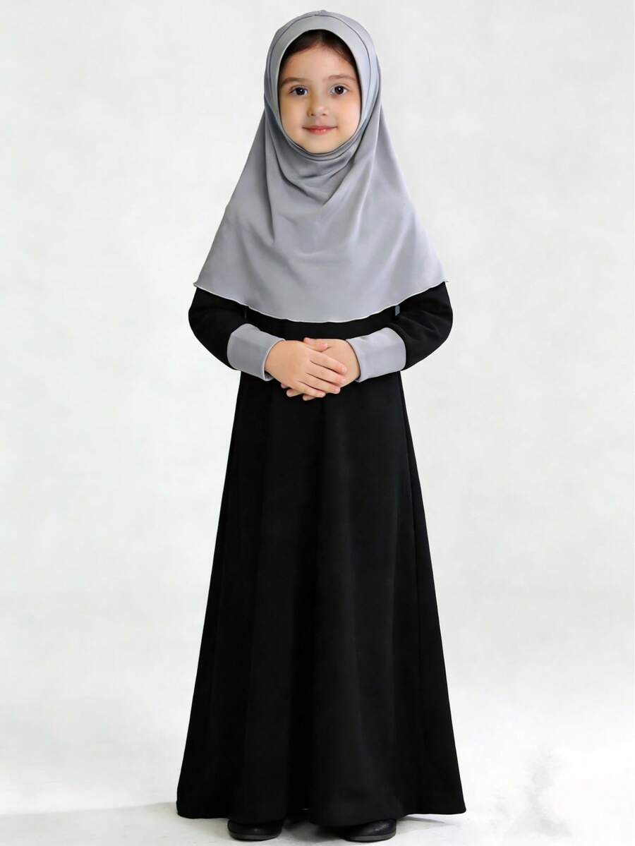 2pcs Muslim Girls Set: Long Sleeve Maxi Dress + Headscarf - Black - View 1