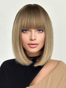 Women'S Basic Bob With Bangs, White Ombre Synthetic Wig, Matte Finish, High-Temperature Fiber, Rose Net Cap, Natural Look - Multicolor - View 3