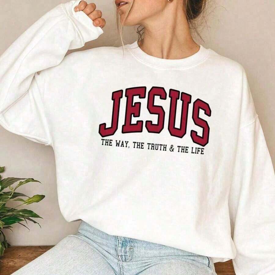 Men's Fashion Explosive Short Sleeves, Women's Winter Clothes, Christian Sweatshirt, Jesus Sweatshirt, Faith Sweatshirt - Crew Neck, Love Like Jesus Sweatshirt, Prayer Sweatshirt - New Autumn/Winter Collection: Unisex Relaxed Fit Long Sleeve Sweatshirt, Loose And Comfortable, Women's Winter Clothes, Christmas Outfit For Women - 白色 - 查看 1