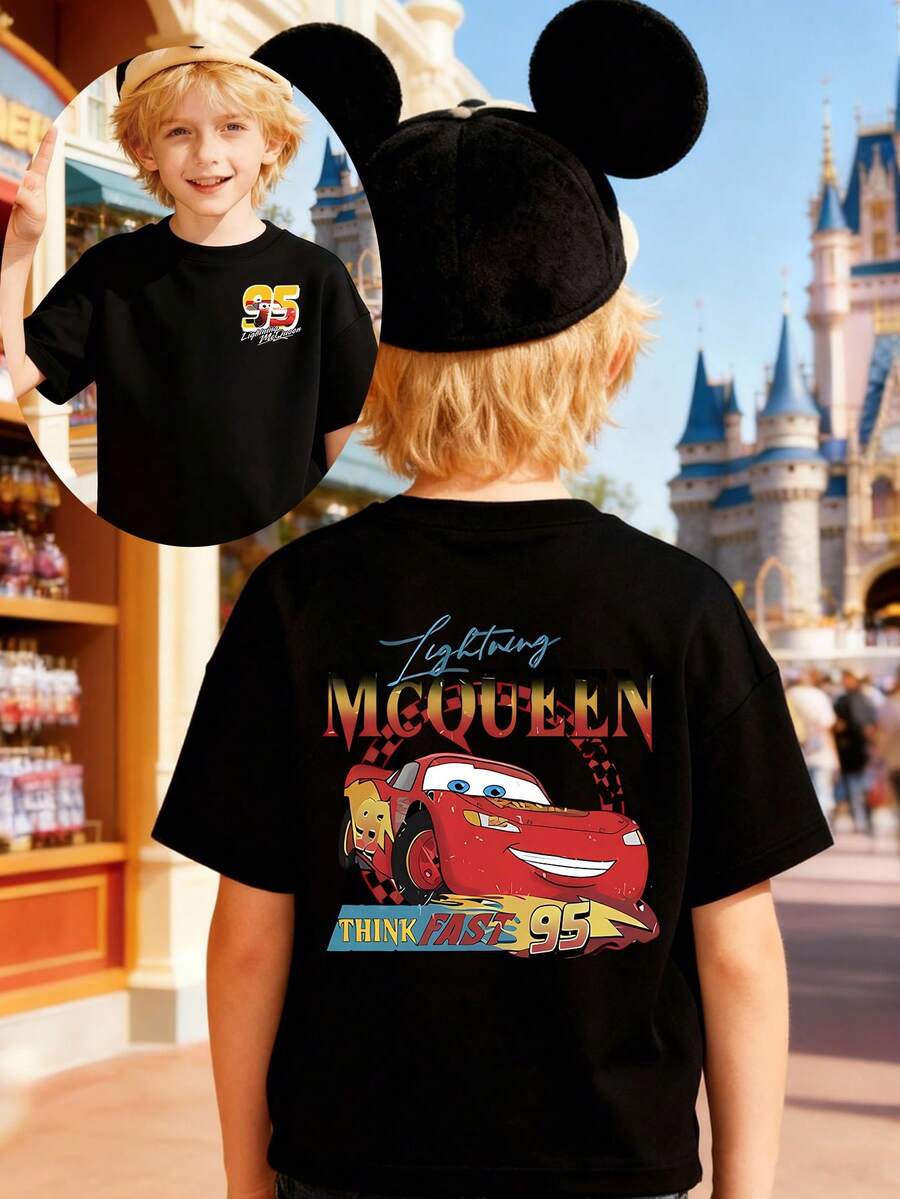Disney Apparel, Featuring A Creative Double-Sided Design With Lightning McQueen's "95" Lettering From Cars. This Soft, Breathable Short-Sleeve Crew Neck T-Shirt Is Perfect For Spring And Summer Wear, Ideal For Everyday Casual Wear, Vacations, Outdoor Activities, School Life, And Shopping Trips. It Also Makes An Excellent Gift For Boys And Girls. Every Child Deserves One. - 黑色 - 查看 1