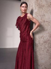 Sollinarry 女士新款时尚两件套连衣裙，酒红色，包含吊带上衣和条纹中长裙，适合约会和派对穿着 - 酒紅色 - 查看 6