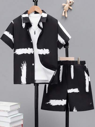 2pcs Boys' Casual Floral Print Short Sleeve Top With Pocket And Shorts Set, Spring/Summer