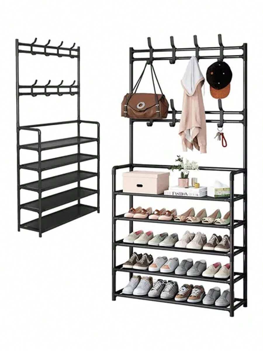 Zapatero de 5 Niveles Perchero Acero Metálico Organizador 2 en 1 Zapatera Armable Con 8 Ganchos Almacenamiento para Tenis Negroo - Negro - Ver 1