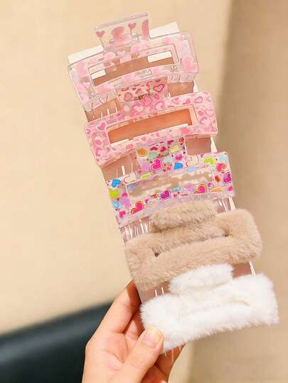 5pcs/Set Cute High-End Versatile Pink Tone Sweet Heart & Square Hair Clips, Strong Grip, Minimalist Daily Women Hair Accessories, Elegant Cute Casual Street Style, Valentine's Day Hair Decor