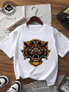 Women's Short Sleeve Tiger Graphic Print T-Shirt, Casual Loose Fit Crew Neck Tee, Vintage Streetwear Style Animal Pattern Top For Summer Daily Casual Wear - 白色 - 查看 1