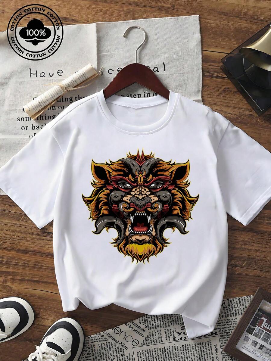 Women's Short Sleeve Tiger Graphic Print T-Shirt, Casual Loose Fit Crew Neck Tee, Vintage Streetwear Style Animal Pattern Top For Summer Daily Casual Wear - 白色 - 查看 1