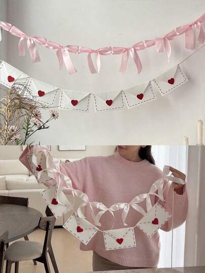 1pc Valentine's Day Heart-Shaped Message Banner With Bow, Felted Envelope Wreath With Heart Pendant, Bridal Shower/Wedding Decoration Banner Background, Soft Yerba Mate Dyed Country Party Supplies, Wedding/Birthday Party Supplies, Room Background Decoration, New Year's Gift, Mother's Day, Easter