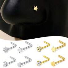 4pcs Cute Women's Nose Stud Set, 20g Stainless Steel Heart Star Design Cubic Zirconia, L-Shaped Screw, Daily Wear - Nose Ring Set - View 9