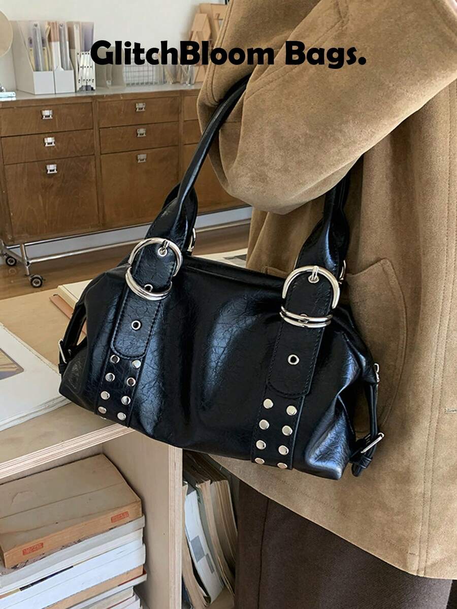 韩版铆钉手提包 女士单肩包 高品质大容量通勤多功能骑行包 - 黑色 - 查看 1