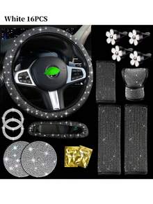7件套汽车配件套装,女士汽车配件,亮面方向盘套,亮面汽车杯垫,亮面套装,安全带肩垫,圆形Logo贴纸,换挡杆套 - 款式A - 查看 31