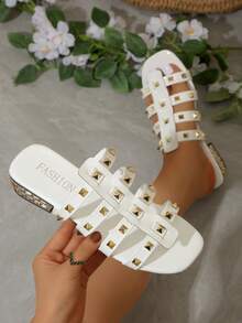 白色女士高跟凉鞋，2026夏季新款厚底铆钉白色女士凉鞋，时尚百搭套脚凉鞋 - 白色 - 查看 1