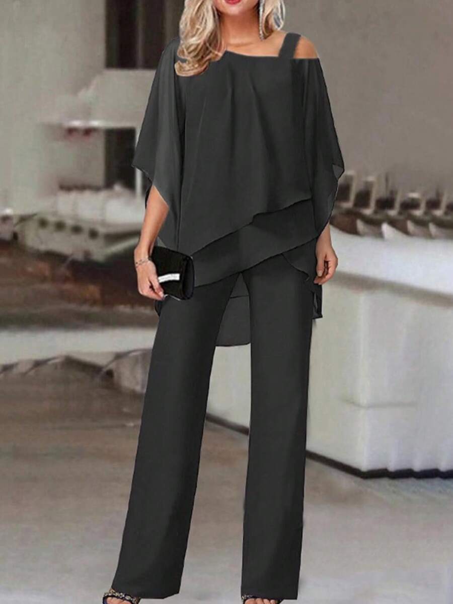 2 Piece Sets Woman,Women's Batwing Sleeve Top And Pants Casual Off-Shoulder Irregular Two-Piece Set - 黑色 - 查看 1