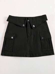 女士夏季休闲束口腰带工装口袋牛仔迷你裙 - 黑色 - 查看 3