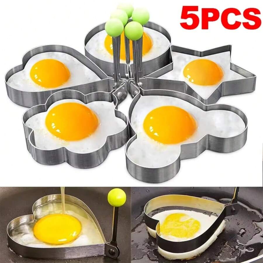 1/5pcs New Stainless Steel Fried Egg Mold, Heart Pancake Maker Omelette Rings, Kitchen Restaurant Multi-Purpose Breakfast Baking Cooking Tools Accessories Gadget - Multicolor - View 1