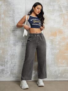 Women's Casual Loose Elastic Waist Straight Leg Jeans, Suitable For Spring/Summer Clothing - Light Grey - View 6