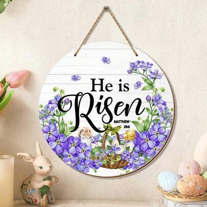 He Is Risen Easter Religious Floral Sign For Front Door, Christian Flowers Faith Wood Door Hanger For Outdoor Outside, He Is Risen Easter Decorations Sign For Home Wall Porch Easter Party
