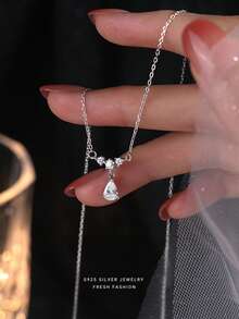 925纯银闪亮锆石项链，毛衣链，生日礼物首饰，适合女性和女孩佩戴 - 銀色 - 查看 6