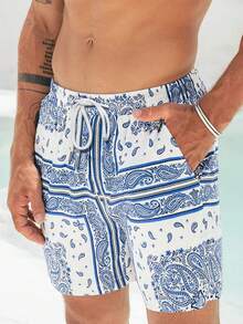 Pantalones cortos de playa casuales con estampado de anacardo, cintura con cordón y bolsillos para hombres - Multicolor - Ver 1