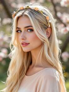 1pc Golden Metallic Headband For Women Orange Three-Dimensional Flowers And Leaves Hair Hoop Elegant Pearl Hair Band Sweet Princess Style Hairband For Party Women Hair Accessories