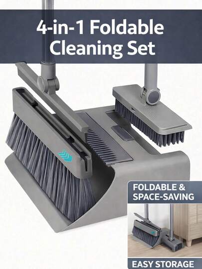 4-In-1 Broom And Dustpan Set, Foldable Broom With Squeegee Scraper For Floor Cleaning, Household Kitchen Bathroom Cleaning Tools