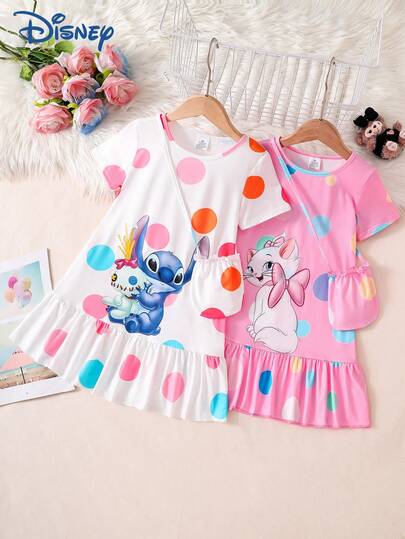  2pcs Disney Star Baby Marie Cat & Stitch Summer Girls Dress With Bag Sets, Cartoon Marie Cat & Stitch Pattern, Stretchy Fabric, Suitable For Girls Daily Wear, Great Gift